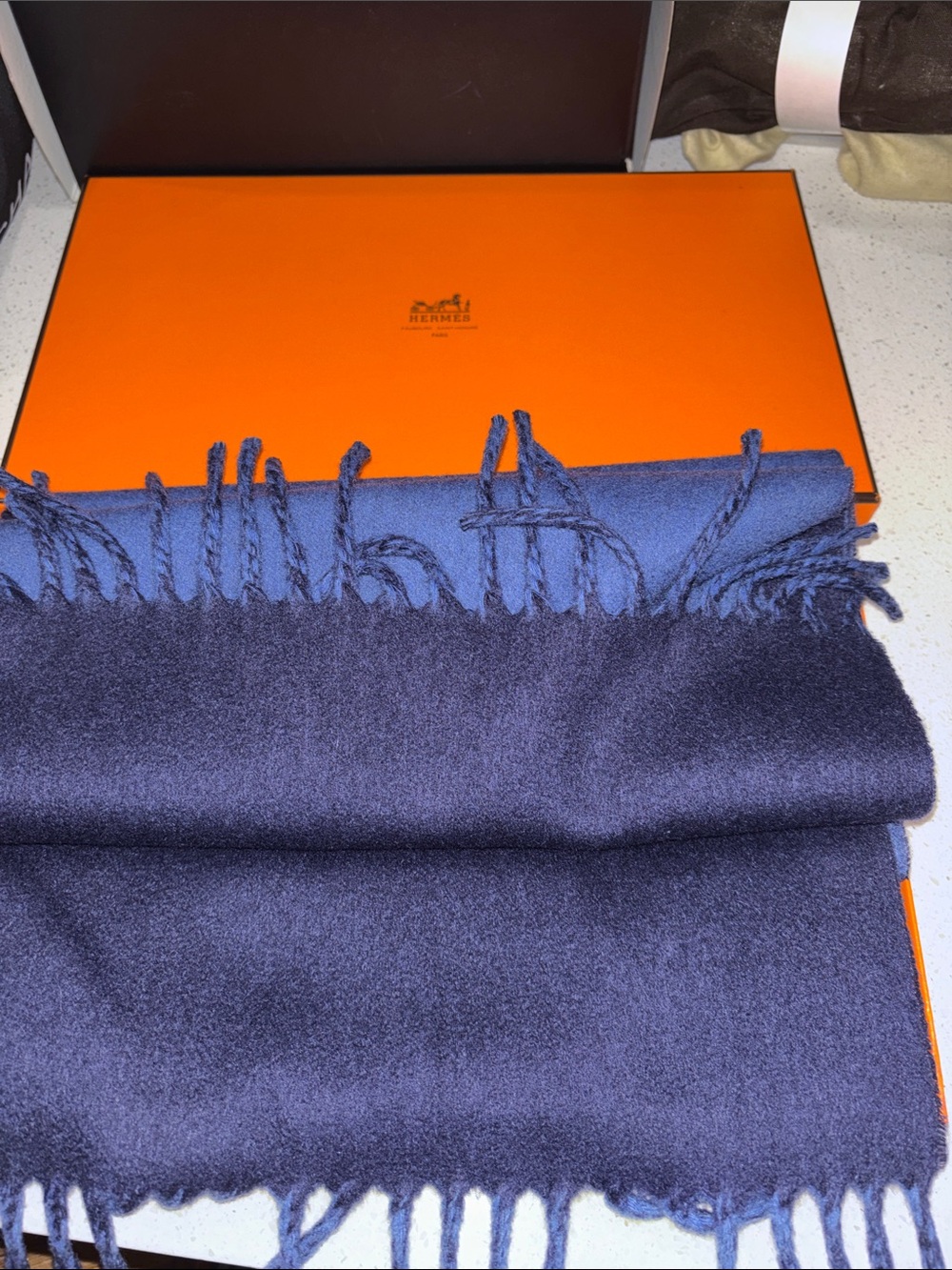 Hermes Two-Tone Navy & Light Blue Cashmere Scarf